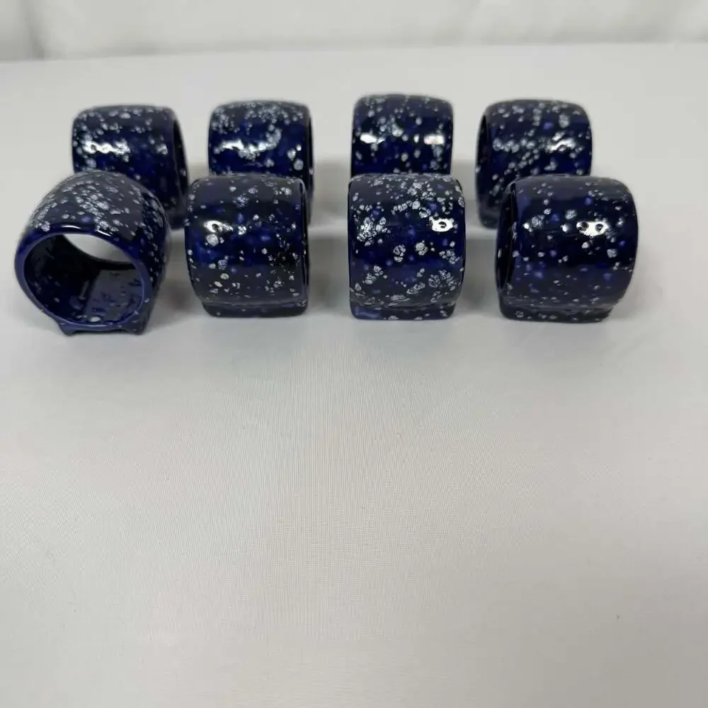 Vintage Otagiri Japan Cobalt Blue Speckled Ceramic Napkin Rings Set of 8